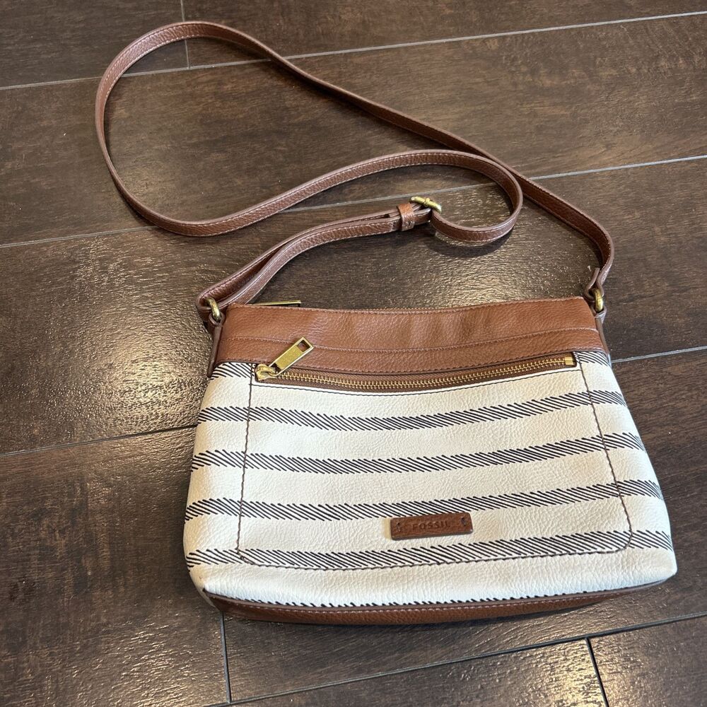 Fossil Fiona Crossbody Bag Brown beige Black Faux leather Stripe